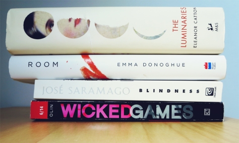 April2015_BookHaulSpinePoetry_Luminaries_Room_Blindness_WickedGames